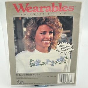 VTG Wearables Cross Stitch Kit Golden Bee Blue Birds & Blossoms Art NEW SEALED